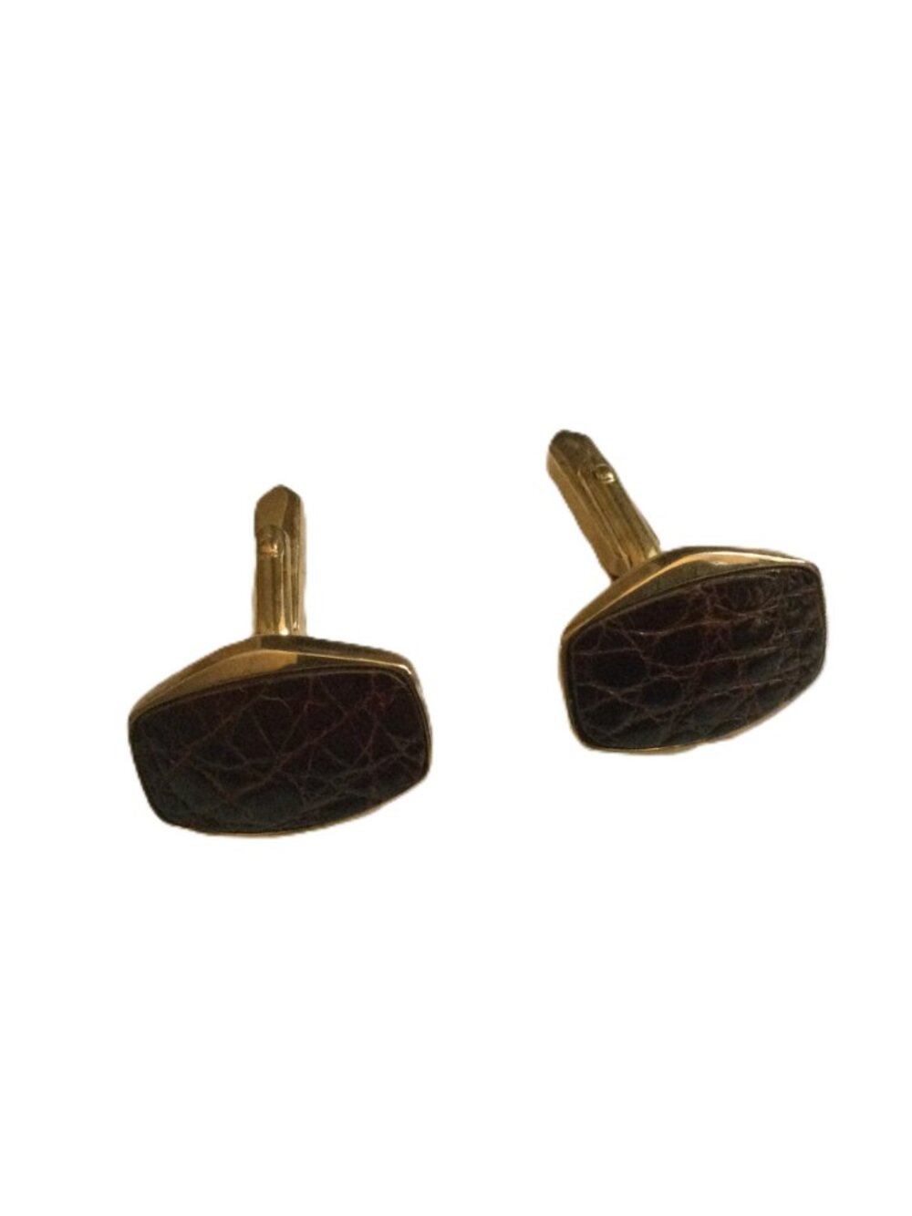 Vintage 70s Brown Inlay Leather-like Gold‎ Plated Cufflinks